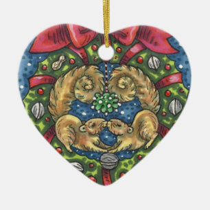 ORNAMENTO DE CERÂMICA ESQUILOS DE BEIJOS CUTÂNEOS SOB MISTLETOE, CORREÇÃ