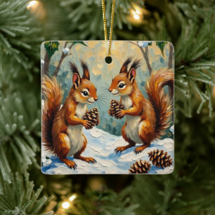 Ornamento De Cerâmica Esquilos Vintage Coletando Pinhas de Natal