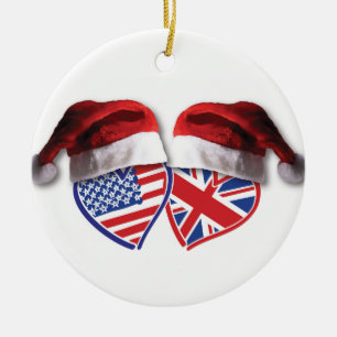 Ornamento De Cerâmica Estados Unidos e Reino Unido Flag Hearts com Santa