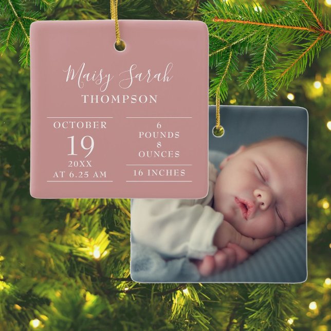 Ornamento De Cerâmica Estatísticas de Nascimento de Bebê Menina Rosa Poe (Dusty Rose Pink Baby Girl Birth Stats Photo Ceramic Ornament)