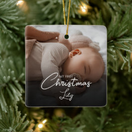 Ornamento De Cerâmica Estatísticas do Meu Primeiro Natal da Menina Scrip