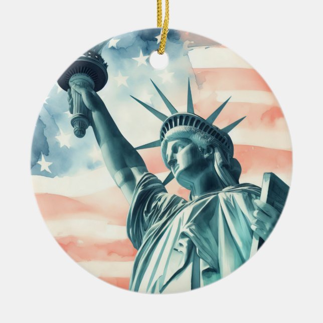 Ornamento De Cerâmica Estátua da Liberdade com bandeira americana (Frente)