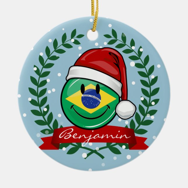 Ornamento De Cerâmica Estilo brasileiro alegre do Natal da bandeira (Frente)