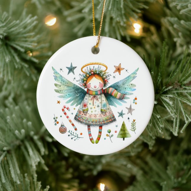 Ornamento De Cerâmica Estilo de Arte Folclórica Anjo de Natal Impression (Árvore)