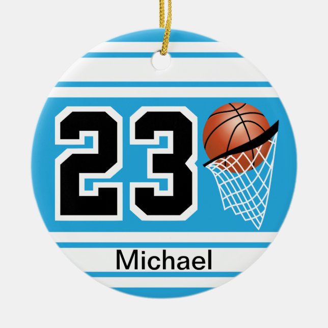 Ornamento De Cerâmica Estilo de Basquete Jersey | DIY Texto | Azul-bebê (Frente)