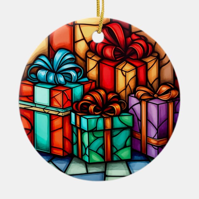 Ornamento De Cerâmica Estilo de vidro manchado de Natal feliz (Frente)