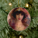 Ornamento De Cerâmica Estilo Vintage Retrato da Mulher Bonita em Rosa<br><div class="desc">Veja o meu retrato de estilo vintage de uma linda mulher em cores vibrantes, cor-de-rosa e lavanda. Nesta textura de peça está o foco deixando a trabalho de arte para parecer que ela foi picada junto com pedaços de papel e papel de tecido. Esta dama feminina e romântica irá adicionar...</div>