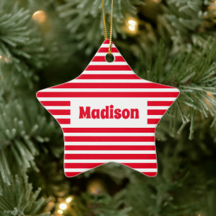 Ornamento De Cerâmica Estrela branca, simples, de faixas vermelha e bran