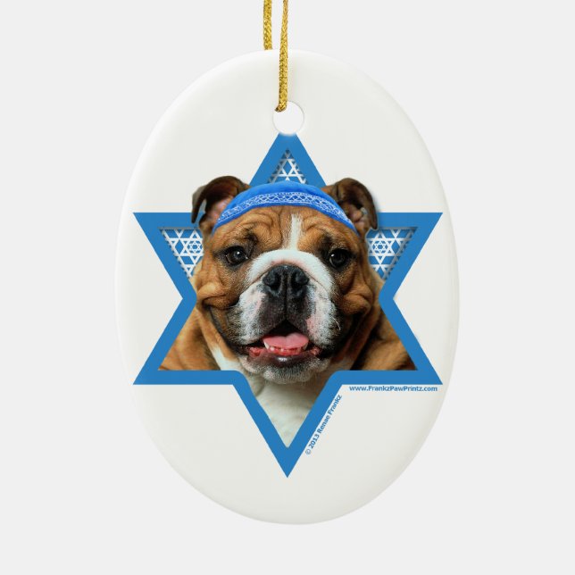 Ornamento De Cerâmica Estrela de David de Hanukkah - buldogue (Verso)