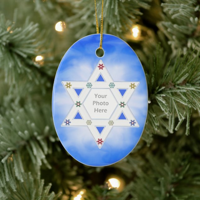 Ornamento De Cerâmica Estrela de Hanukkah e Flocos de Neve Azul para Fot (Árvore)