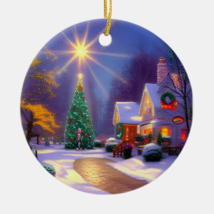 Ornamento De Cerâmica Estrela de Natal brilhando sobre uma árvore de Nat