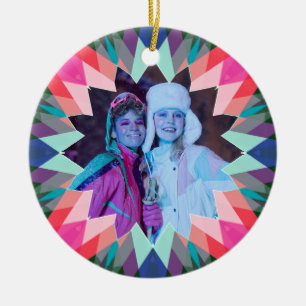 Ornamento De Cerâmica Estrela de Natal Personalizada Rosa Azul Foto Pres