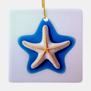 Ornamento De Cerâmica Estrela-do-mar Laranja em Azul