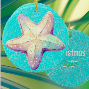 Ornamento De Cerâmica Estrela-do-Mar Tropical Personalizada Natal Férias