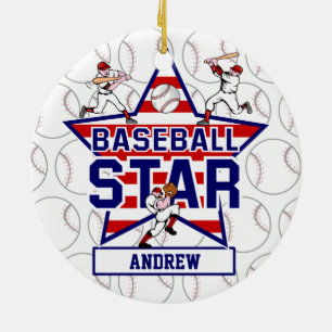 Ornamento De Cerâmica Estrela e listras de basebol personalizadas