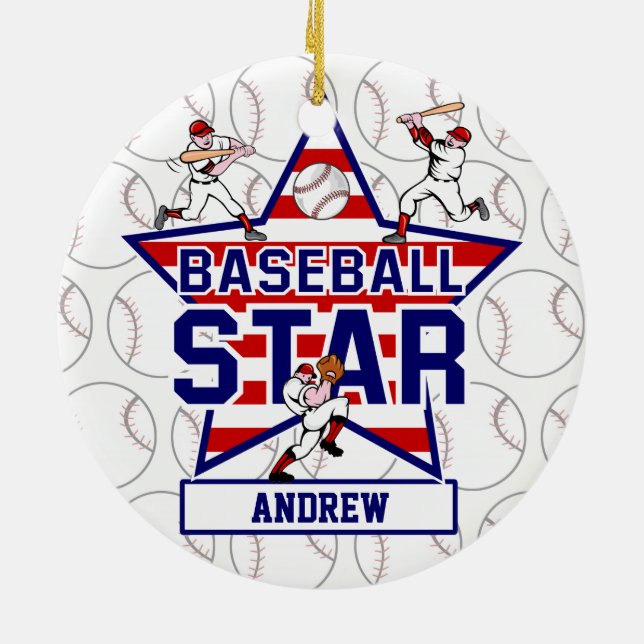 Ornamento De Cerâmica Estrela e listras de basebol personalizadas (Traseira)