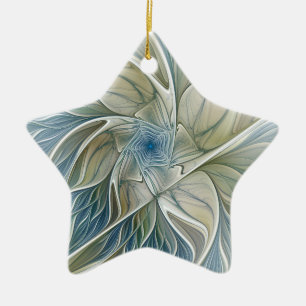 Ornamento De Cerâmica Estrela Khaki azul da arte do Fractal do abstrato