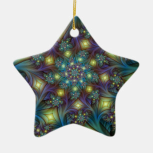 Ornamento De Cerâmica Estrela roxa azul iluminada do teste padrão da