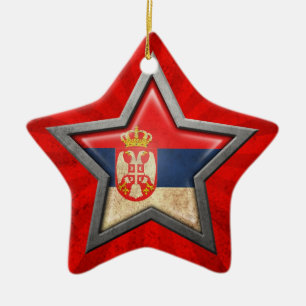 Ornamento De Cerâmica Estrela sérvio da bandeira com raios de luz