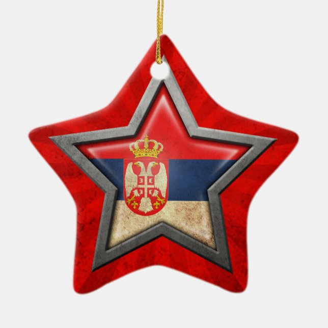 Ornamento De Cerâmica Estrela sérvio da bandeira com raios de luz (Frente)