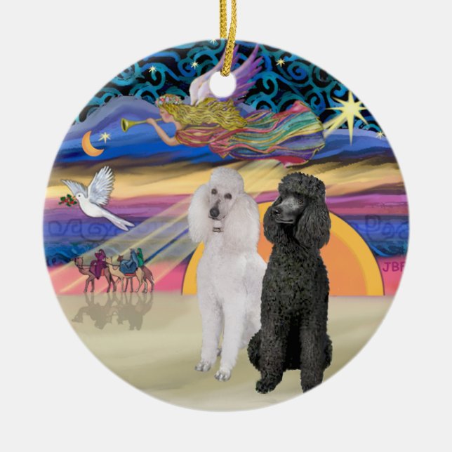 Ornamento De Cerâmica Estrela Xmas - Dois Poodles Padrão (W+Blk) (Frente)