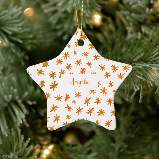 Ornamento De Cerâmica Estrelas aquarelas com nome - laranja (Árvore)