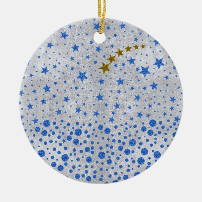 Ornamento De Cerâmica Estrelas azuis cintilantes em papel prateado abstr (Frente)