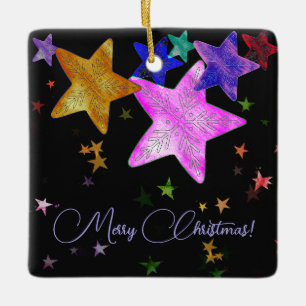 Ornamento De Cerâmica Estrelas cintilantes multicoloridas - Feliz Natal!