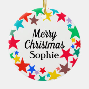 Ornamento De Cerâmica Estrelas Coloridas Nome Personalizado Feliz Natal