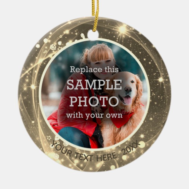 Ornamento De Cerâmica Estrelas Cósmicas Douradas Duas Fotografias (Frente)