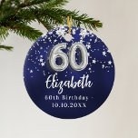 Ornamento De Cerâmica Estrelas de prata azuis do marinho 60.o aniversári<br><div class="desc">Uma cor azul de fundo marinho com estrelas de falso prata. A cor azul é irregular. Adicionar seu nome,  texto/data</div>