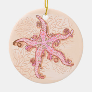 Ornamento De Cerâmica Estrelas-do-mar e Coral Padrão Pastel Rosa