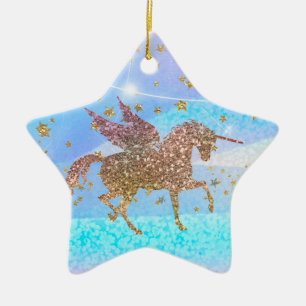 Ornamento De Cerâmica Estrelas Douradas Brilham Unicórnio Voador Roxo Pe