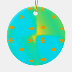 Ornamento De Cerâmica Estrelas laranjas em verde e azul