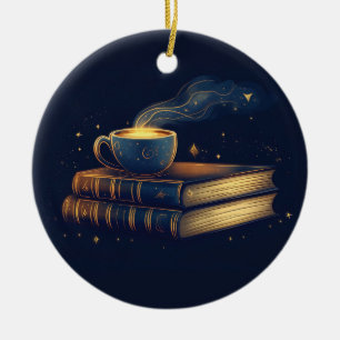 Ornamento De Cerâmica Estrelas mágicas e café com livros