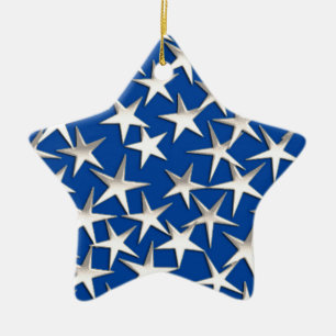 Ornamento De Cerâmica Estrelas prateadas em azul cobalto