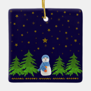 Ornamento De Cerâmica Estrelas Sparkly do ouro, boneco de neve e árvore
