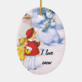 Ornamento De Cerâmica Eu amo a neve, os miúdos e o seu boneco de neve