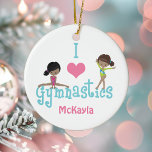 Ornamento De Cerâmica Eu Amo Gymnastics Custa African American Girl<br><div class="desc">Este presente de Enfeites de natal da I Love Gymnastics apresenta uma menina negra e uma criança hispânica tocando nas cartas. Um belo desenho de um ginasta afro-americano.</div>