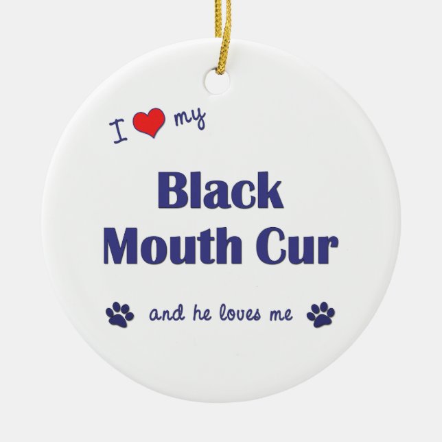 Ornamento De Cerâmica Eu amo meu Cur preto da boca (o cão masculino) (Frente)