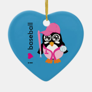 Ornamento De Cerâmica Eu amo o pinguim do basebol