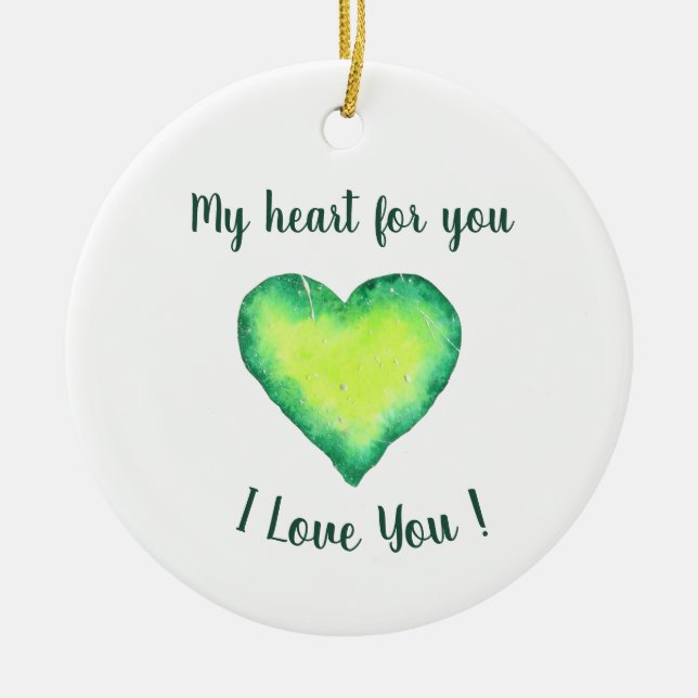 Ornamento De Cerâmica Eu amo você Cute Green e Blue Heart Aniversário    (Frente)