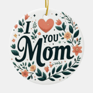 Ornamento De Cerâmica Eu Amo Você Mamãe - Coração de Coroa de Flores