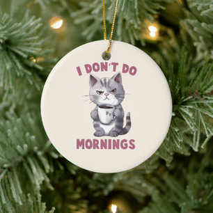 Ornamento De Cerâmica Eu não faço manhãs - Cinza gato com café