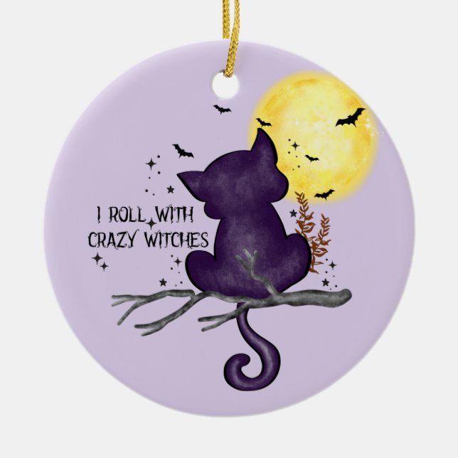Ornamento De Cerâmica Eu Rolo Com Bruxas Loucas - Gato Negro E Lua Cheia (Frente)