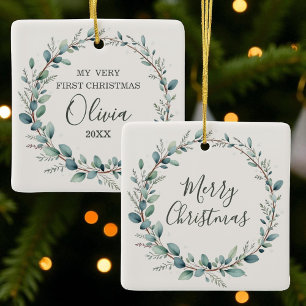 Ornamento De Cerâmica Eucalyptus Baby First Feliz Natal
