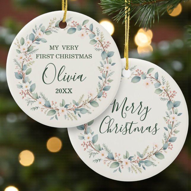 Ornamento De Cerâmica Eucalyptus Baby’s First Christmas (Criador carregado)