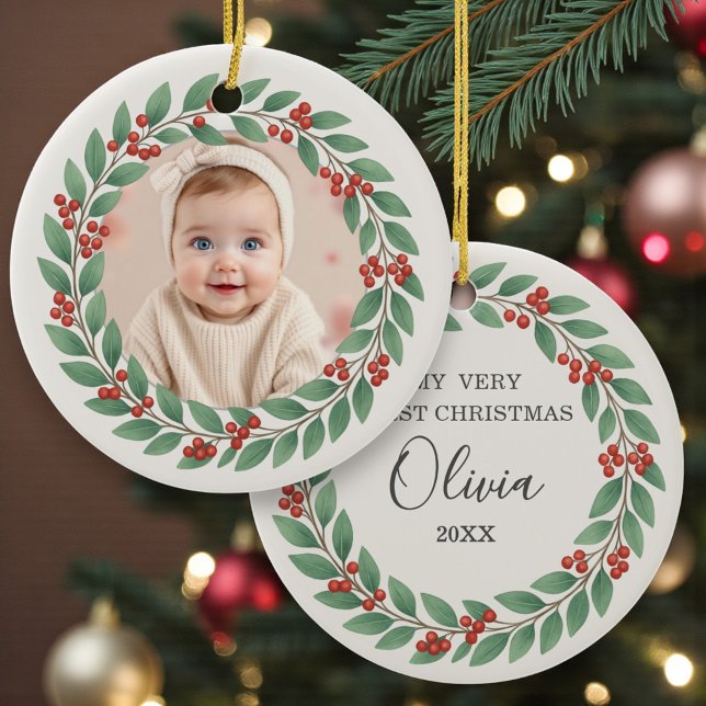 Ornamento De Cerâmica Eucalyptus Greenery Baby First Christmas Photo (Criador carregado)