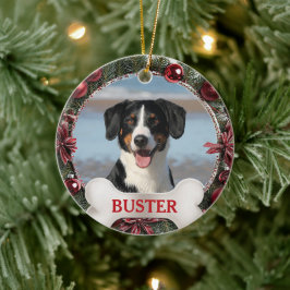 Ornamento De Cerâmica Evergreen Christmas Wreath Dog Photo Tree Ornament