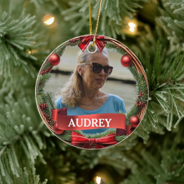 Ornamento De Cerâmica Evergreen Pinecone Wreath ANY Photo (Árvore)